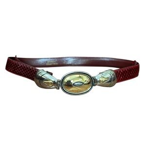 Vintage Snakeskin Belt Red Leather Gold Blingy Buckle Adjustable Size